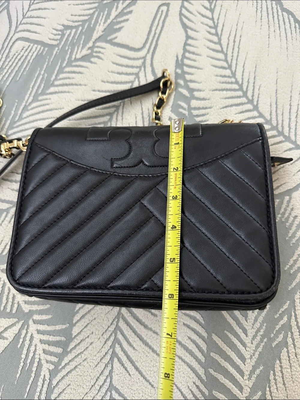 Tory Burch Black Quilted Chevron Leather Crossbody with Gold Chain Strap